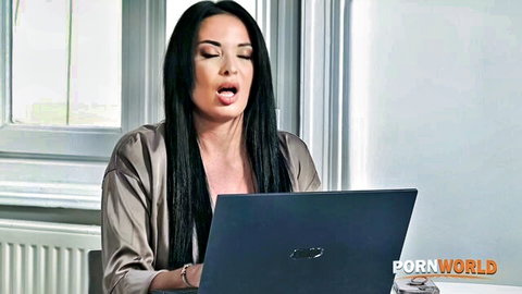 Anissa Kate in satin blouse, seductive office tease with open mouth