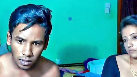 Maskbhabhi and blue-haired desi guy in intimate couple pose