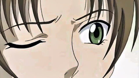 Seductive anime girl winking her piercing green eye in hentai tease