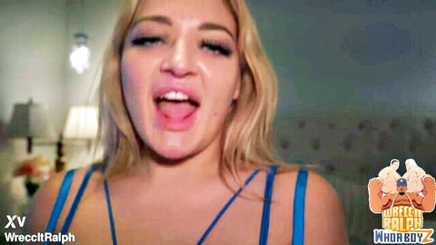 Blonde slut sticks out wet tongue teasing blowjob in blue lingerie