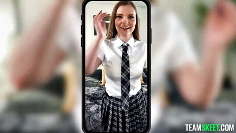 Blonde teen Harlow West in schoolgirl uniform teasing on phone