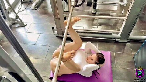 Yinyleon Latina with big tits in tight white bodysuit, gym yoga pose