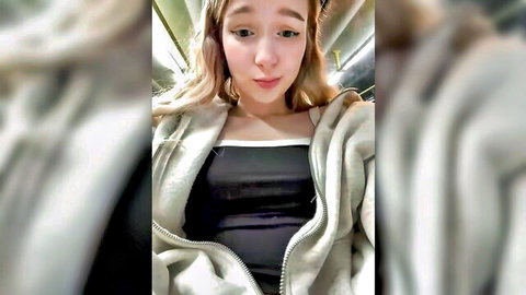 Cute blonde girl smiling in open hoodie selfie