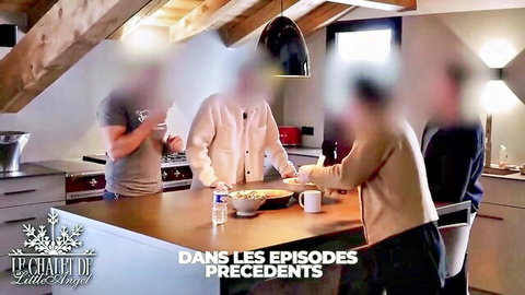 Blurry clothed group chatting around kitchen island in previous episodes recap