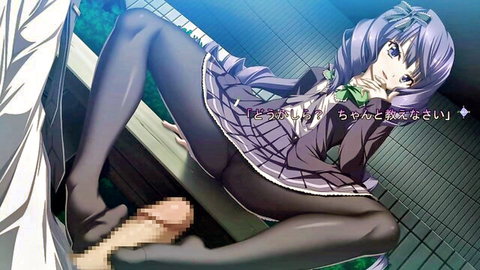 Purple-haired anime schoolgirl spreads legs in skirt and stockings, foot on hard cock