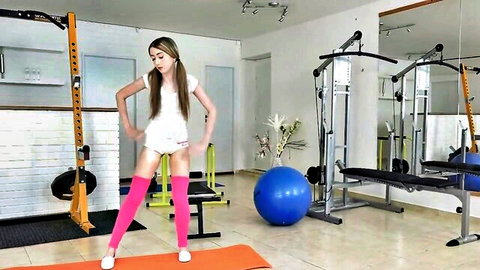 Jessi Empera sweating in gym, tight white shorts, pink thigh highs