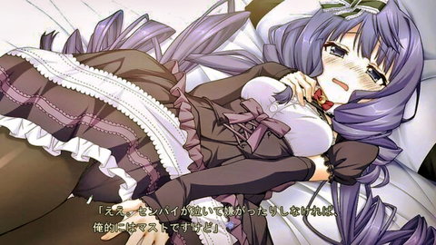 Anime girl with long purple hair in frilly purple lingerie, flushed aroused expression on bed