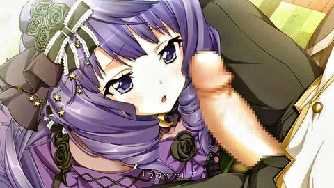 Purple-haired anime girl in frilly dress with penis near face