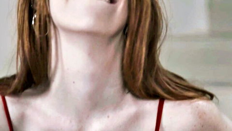 Redhead with epic tits in red bra, open mouth closeup tease