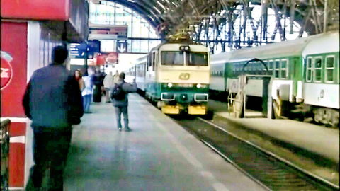 Passengers waiting on platform beside yellow green train at glass arched station