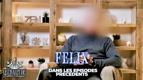 Blurry man Felix sits clothed in cozy shelf-lined room with cat and plants in TV recap