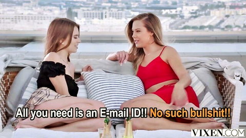 Jill Kassidy and Avery Cristy in sexy outfits chatting on rooftop, hot girls tease