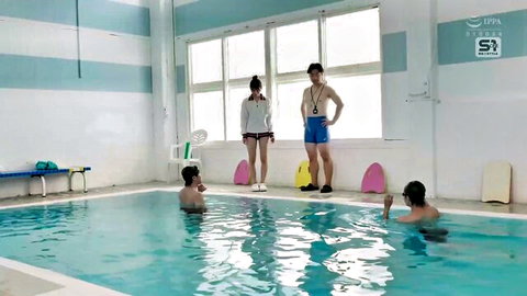 JAV poolside scene with Asian women and men in swimsuits