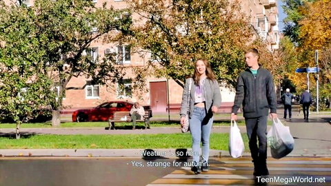 Kecy Hill autumn street walk with partner, casual couple stroll