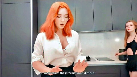 Slim redhead Diana Rider in cleavage-baring blouse with brunette in kitchen tease