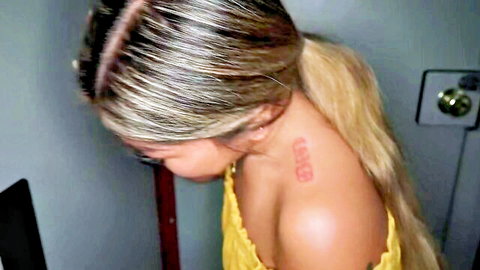 Horny Filipino babe with blonde ponytail and neck tattoo in yellow off-shoulder top