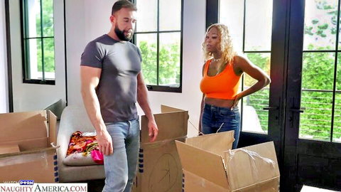 Baby Gemini in orange top teases muscular married man in moving scene