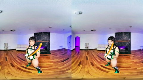 Asian woman in skimpy green bodysuit posing with toy, black hair