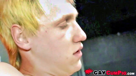 Blonde skinny guy giving intense gay blowjob with moaning pleasure