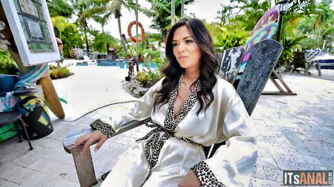 Scarlett Alexis in open silk robe, teasing by poolside