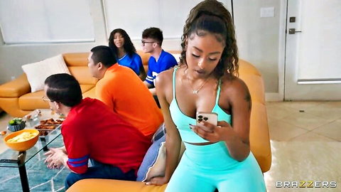 September and Desiree in skinny teasing with hot diverse group on couch