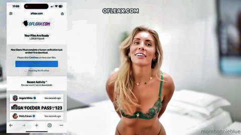 Bonnie Blue in green lingerie, seductive bedroom pose