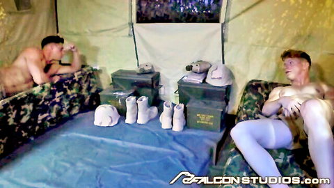 Dalton Riley and muscular stud nude in military tent with stockings