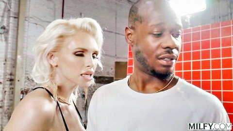 Rachael Cavalli blonde MILF stares intensely at black stud in Swappz interracial scene