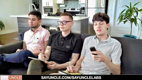Three young men in casual shirts gearing up for raw anal threesome at Love Trans Sex