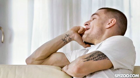 Katrina Moreno scene with laughing tattooed muscular man