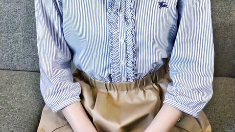 18yo Japanese idol Momoha in ruffled striped blouse and khaki skirt, pure beauty sitting pose