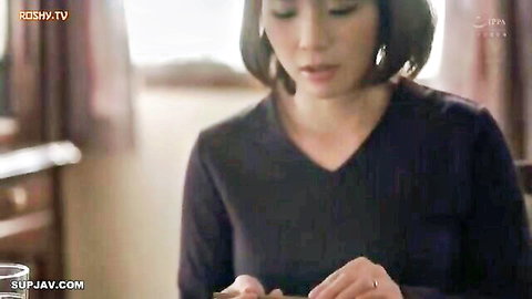 Japanese woman in black v-neck top, short hair, from JAV creampie family drama