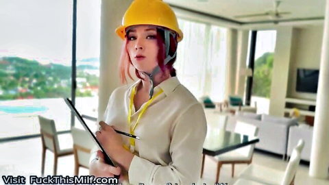 Sweetie Fox as sexy inspector in hardhat, clipboard check