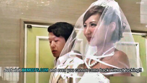 Asian bride in wedding veil smiling with man in JAV gangbang preview
