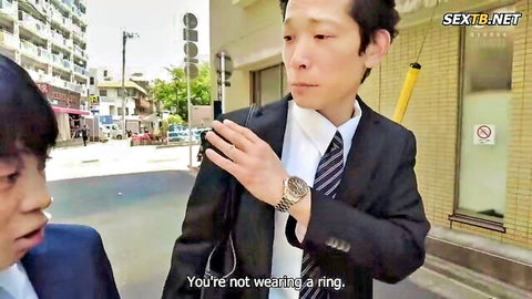Suited Japanese men discuss missing ring on street in Kanako Iioka JAV seduction scene