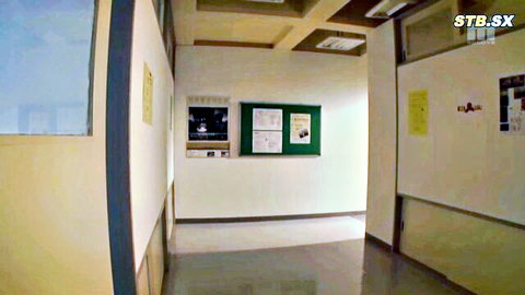 Empty Japanese school hallway with bulletin boards and STB-SX watermark before teacher fucks student