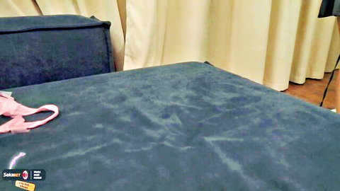 Pink panties tossed on dark blue velvet bed in teasing bedroom scene
