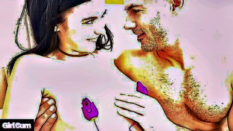 Bella Nova quivers with vibrator clamp on nipple, topless with man
