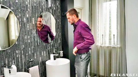 David Perry in purple shirt reflecting in mirror, Evil Angel solo tease