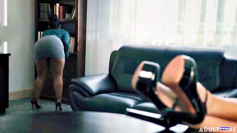 Ryan Keely bends over in tight skirt, teasing office view with Avery Jane