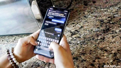 Febby Twigs holding phone in teasing teen creampie scene
