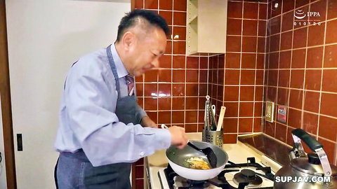Asian man cooking in kitchen apron, teasing lewd JAV buildup to big tits blowjob and creampie