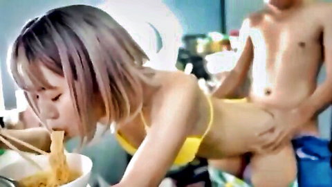 Mya Mya in yellow bikini eating noodles while fucked doggy style