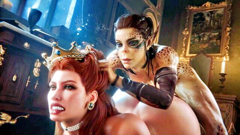 Busty leopard elf gropes redhead vampire queen's massive tits in fantasy bedroom