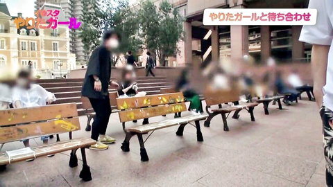 Japanese babe in black stockings sits teasingly on crowded public park bench