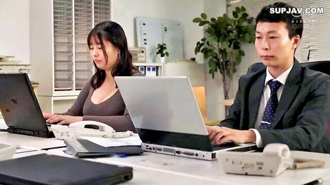 Asian JAV office boss and secretary working on laptops in suits and sweater