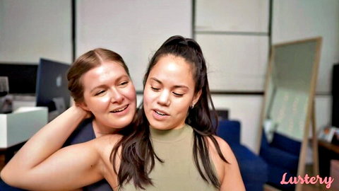 Sativa and Heather embrace teasingly in amateur couple scene