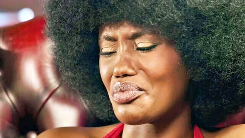 Lexi Luv ebony beauty with afro hair in red dress, sensual pout