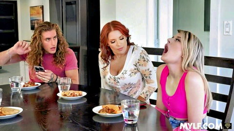 Redhead MILF and blonde girl shocked at dinner table with guy, Mylf family bonding scene