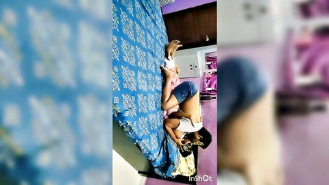 Telugu maid in provocative pose, legs up in denim shorts and crop top